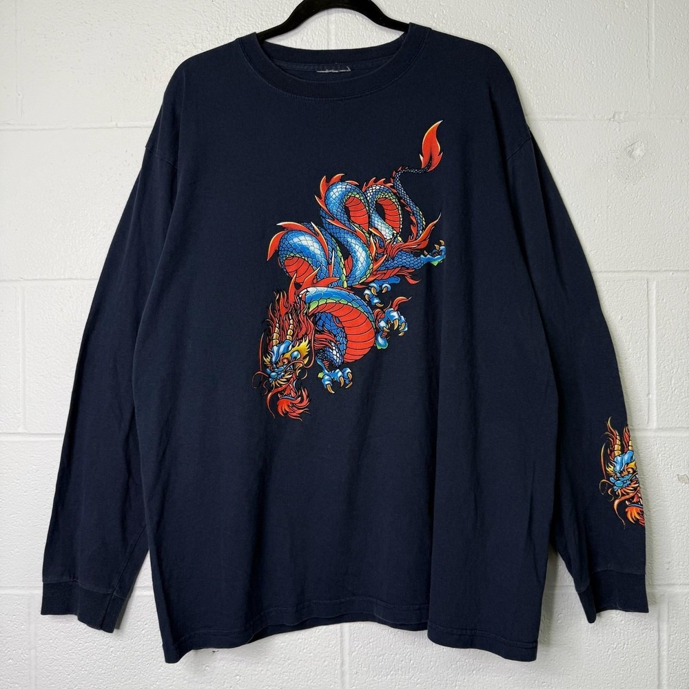 Vintage JNCO Jeans Long Sleeve Shirt XL Navy Blue Snake Dragon Y2K Made USA